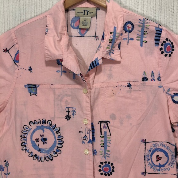 TY Wear Tops - TY Wear Pink Cotton Short Sleeve Button Up Shirt XL Whimsical Print